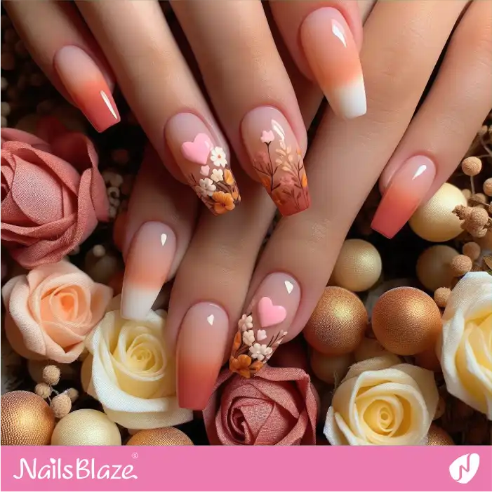 Floral Design Peach Fuzz Ombre Nails with Hearts | Color of the Year 2024 - NB1908